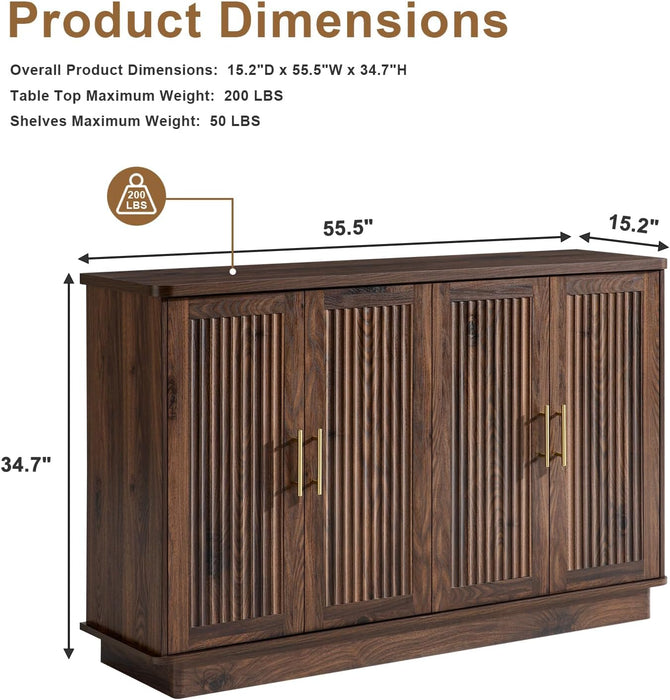Modern Sideboard Buffet Cabinet with Storage, Walnut | Fluted Coffee Bar Cabinet with 4 Doors & Adjustable Shelves for Kitchen, Dining Room, Living Room & Hallway