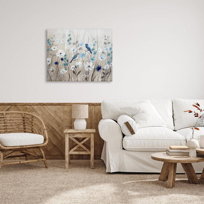 Birds Floral Meadow Blossoms, Designed by Nan, 40 X 30, Canvas Wall Art