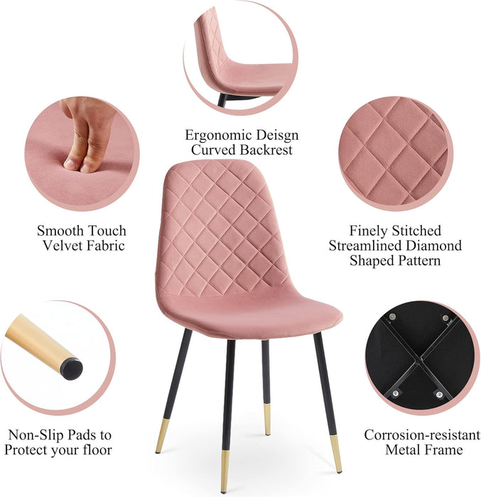 Velvet Dining Chairs Kitchen Plain Color Chair Upholstered Side Stools with Backrest Metal Legs Set of 4, Pink