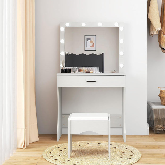 Vanity Desk with Mirror and Lights, Vanity Set Makeup Vanity Table with Adjustable Lights One Drawer Storage Makeup Table with Stool Vanity Desk for Bedroom (White)