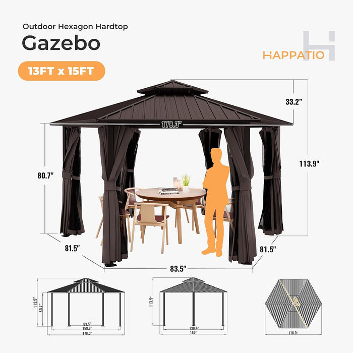 13x15 Ft Hexagonal Gazebo Brown OutdoorLiving Patio