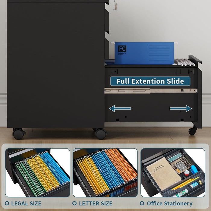 File Cabinet 3 Drawers on Wheels under Desk, Black Metal Rolling File Cabinets with Lock for Home Office, Un-Assembled Filing Cabinet with Lock