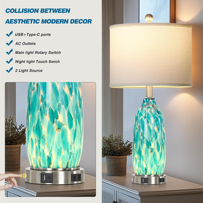 26" Peacock Green Glass Table Lamps Set of 2,Coastal Nautical Bedside Lamps with USB Ports & AC Outlet,Lamparas Elegantes Para Cuarto with Night Light for Bedroom Living Room Decoration
