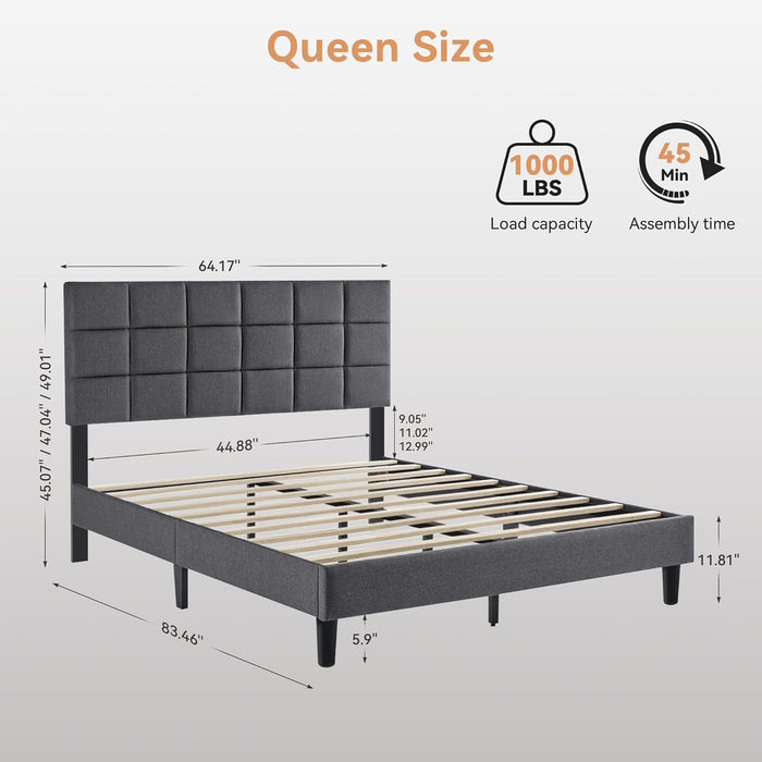 Queen Size Bed Frame with Fabric Upholstered Headboard, Bed Frame Queen Size with Solid Wooden Slats Support, No-Noise, Easy Assembly, No Box Spring Needed with 1000LBS, Grey
