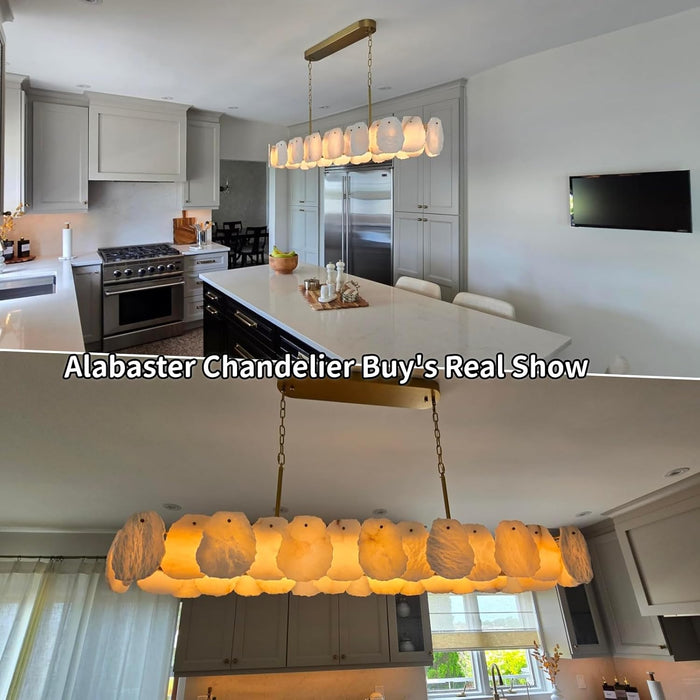 Alabaster Chandelier, 58 Inch Modern Rectangular Chandelier for Dining Room, Dimmable Linear Chandeliers for Kitchen Island, Natural Spanish Marble Stone Chandeliers for Dining Table, Living Room
