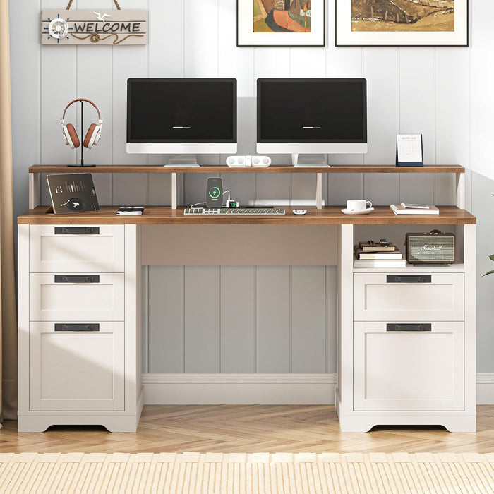 61" Farmhouse Executive Desk with LED Lights and Power Outlets,Computer Desk with Monitor Stand & File Drawers,Large Workspace with Storage Drawers for Home Office,Study,White
