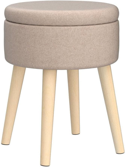Storage Ottoman Linen round Vanity Stool Tray Top Modern Foot Stool with Wood Legs Multifunctional Upholstered Foot Ottoman Rest for Living Room, Bathroom, Makeup (Khaki)