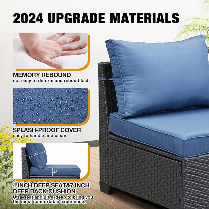 6 Pieces Patio Furniture Set All-Weather Outdoor Wicker Sectional Conversation Sofa Rattan Patio Seating Sofa with Cushion and Glass Table for Porch Poolside,Navy