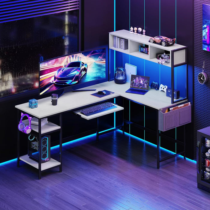 67" L Shaped Gaming Desk, Corner Desk for Compact Spaces with Keyboard Tray & Storage Shelf,Reversible Computer Desk with LED Lighting,Metal Frame PC Gaming Table for Home Office Bedroom,White