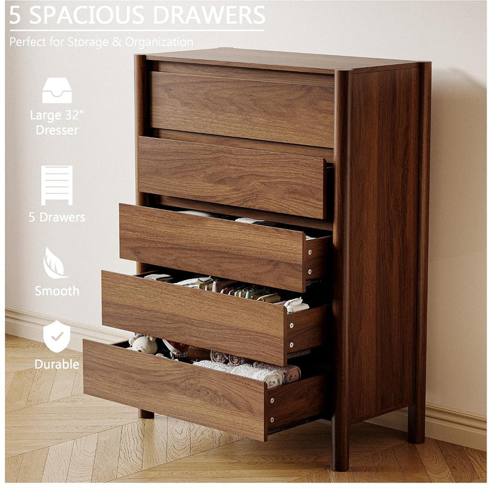 Walnut Dresser for Bedroom,45"Tall 5 Drawer Mid Century Modern Chest