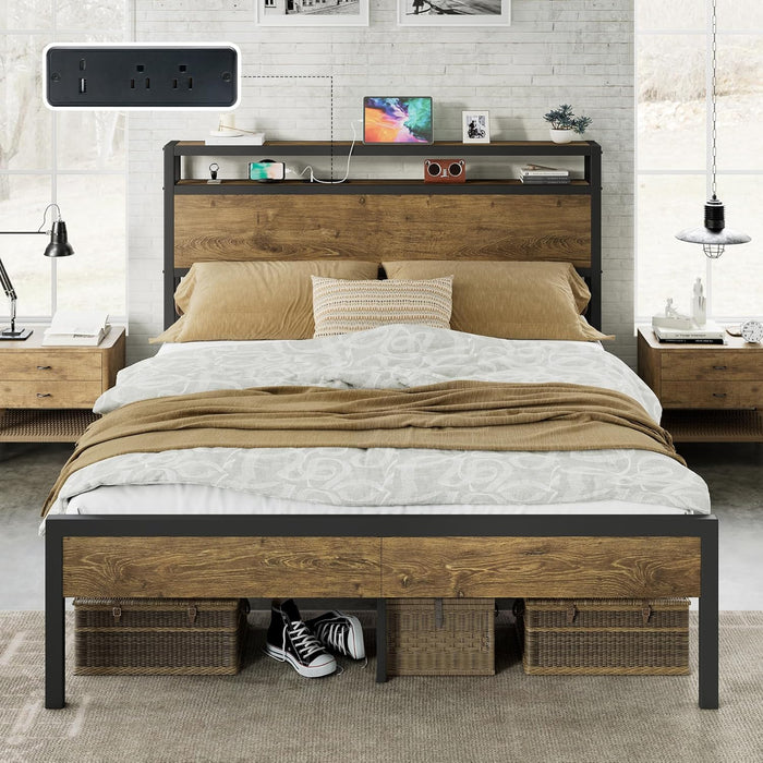 Full Size Bed Frame with Storage Headboard & Charging Station, Industrial Metal Platform Bed with Large Under-Bed Storage, Heavy Duty Slats, No Box Spring Needed, Rustic Brown
