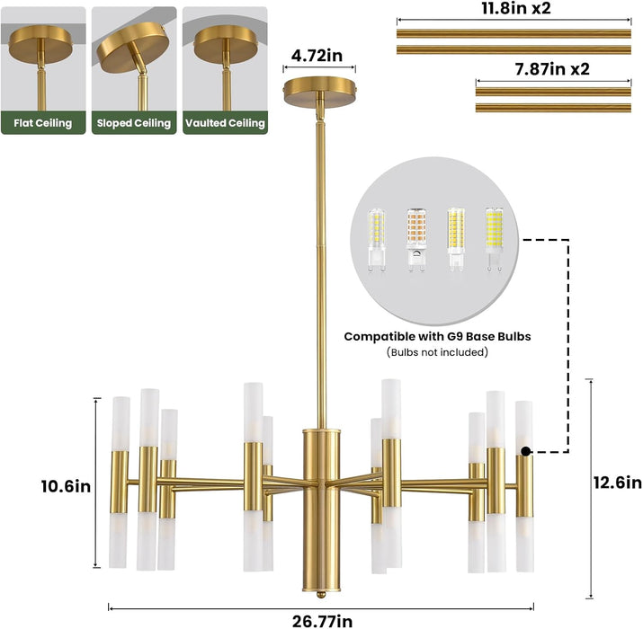 Modern Gold Chandelier 20-Light, Large Luxury round Candle Chandeliers with Acrylic Shades, 26.7" Dining Room Light Fixture for High Ceilings, Living Room, Foyer, Entryway, G9 Base