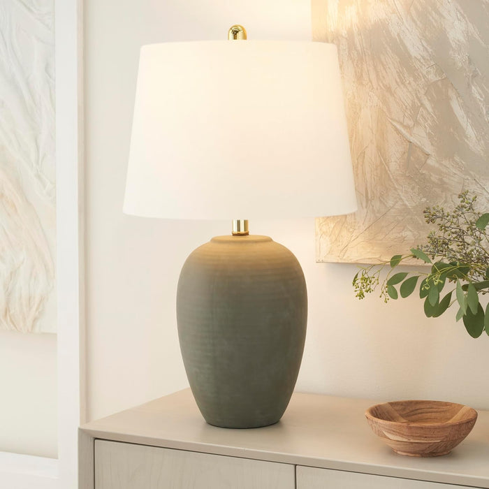 Home 23" Olive Green Ceramic Pot Table Lamp for Bedroom, Living Room, Dining Office, with White Tapered Drum Shade