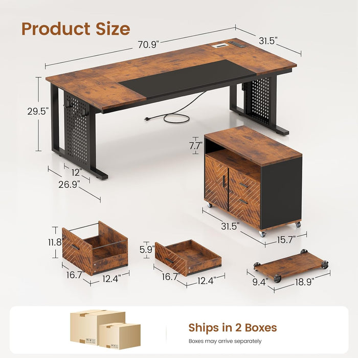 71" Executive Desk with Rolling File Cabinet, Large Office Desk with Drawers, L Shaped Computer Desk with Power Outlets, CPU Stand, Pegboard and Storage Shelves, Rustic Brown