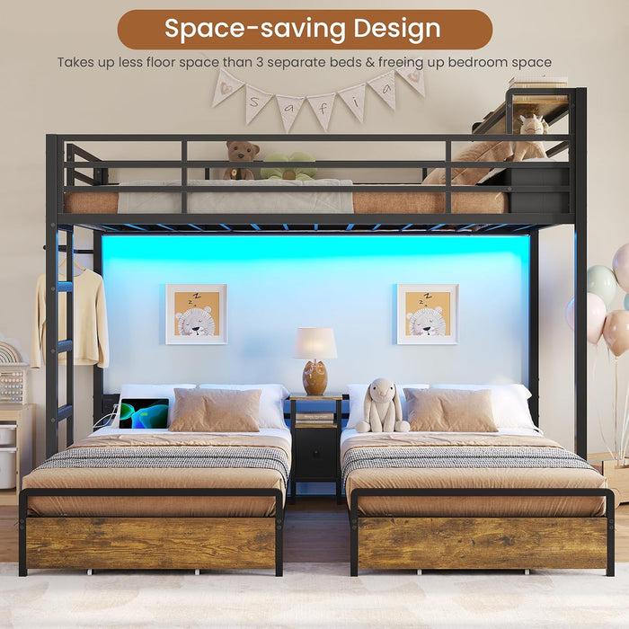 Triple Bunk Bed for Kids with Storage Drawers and Charging Station Twin over Twin Metal Bunk Bed with Storage Shelves and Box,3 Beds with Guardrails and Ladder, No Box Spring Needed, Black