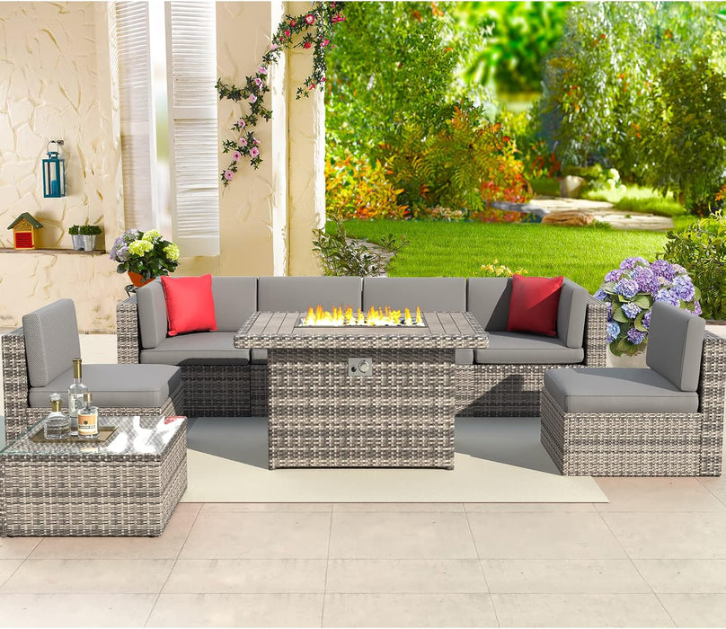 8-Piece Patio Furniture Set with 40” Fire Pit Table Wicker Rattan Conversation Set Outdoor Sectional Sofa with Removable Cushions and Coffee Table (8 PCS Gray)