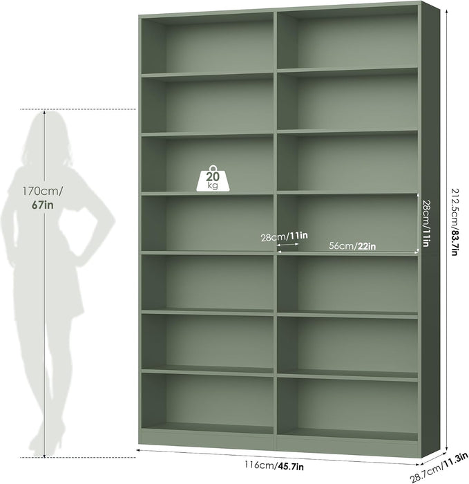 83.7" Tall Bookshelf and Bookcase,7-Tier Double Bookshelves Green