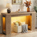 47" Console Table with Outlet, Farmhouse Entryway Table with Colorful LED Lights, Wooden Sofa Table with Unique Carved Design, Foyer Accent Table for Entrance, Hallway, Living Room Natural