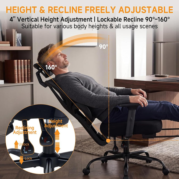 Ergonomic Office Chair with Footrest, 90-160° Reclining Mesh Desk Chair, 3D Armrest & 2D Headrest & Comfortable Lumbar Support, High Back Mesh Computer Chair for Home Office Long Hours, Tilt Lock