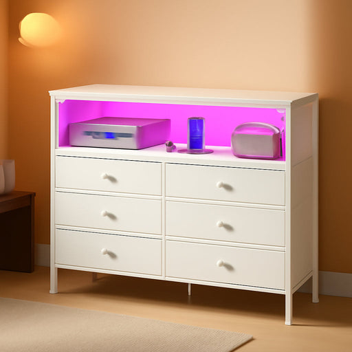 TV Stand Dresser for Bedroom, 7 Fabric Drawers Entertainment Center, LED Dressers with Power Outlets, TV Stands for Living Room with Storage Shelf, TV Console Entertainment Stand up to 50" TV