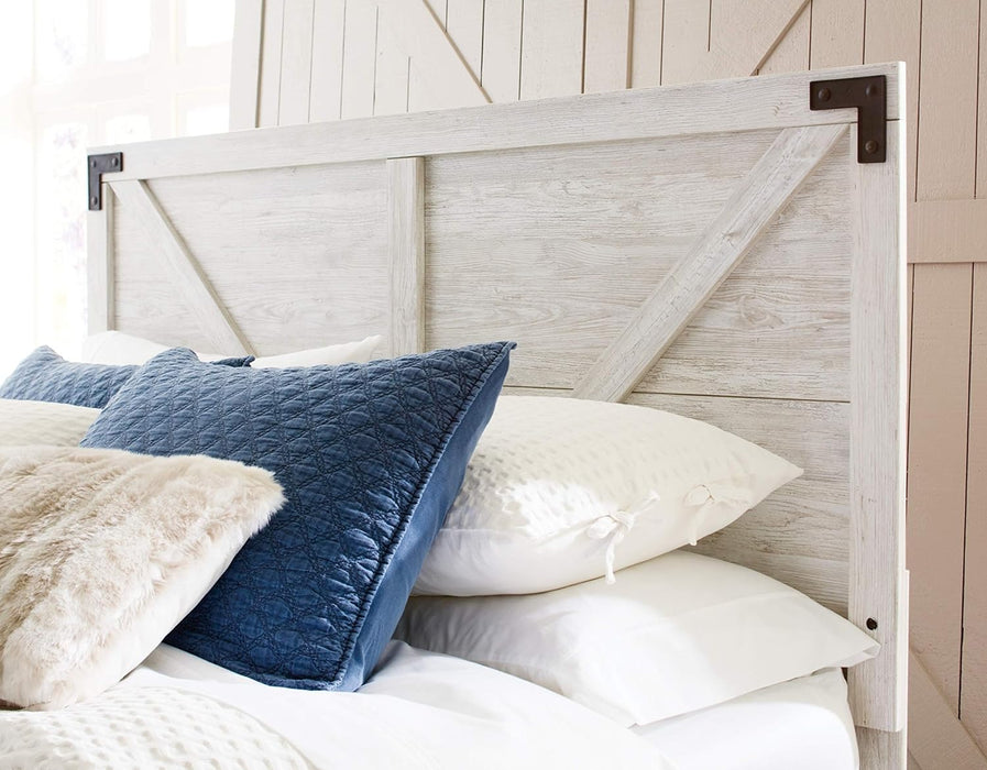 Signature Design by Ashley Shawburn Industrial Queen Crossbuck Panel Platform Bed with Metal Slats, Foundation or Box Spring Not Needed, Whitewash