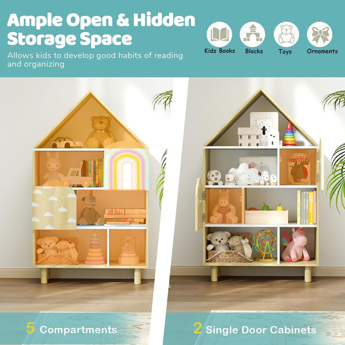 Natural Wood House Shaped Kids Dollhouse Bookshelf