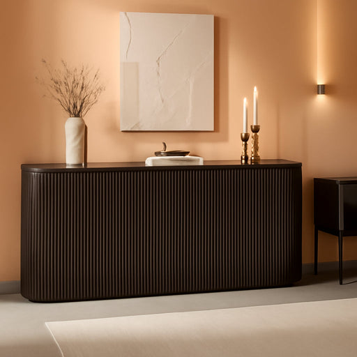 64" Fluted Sideboard Buffet Cabinet with Faux Marble Top, Dark Walnut | Wood Credenza with Storage Shelves, Modern Console Table for Coffee Bar, Dining Room, Kitchen, Living Room & Entryway