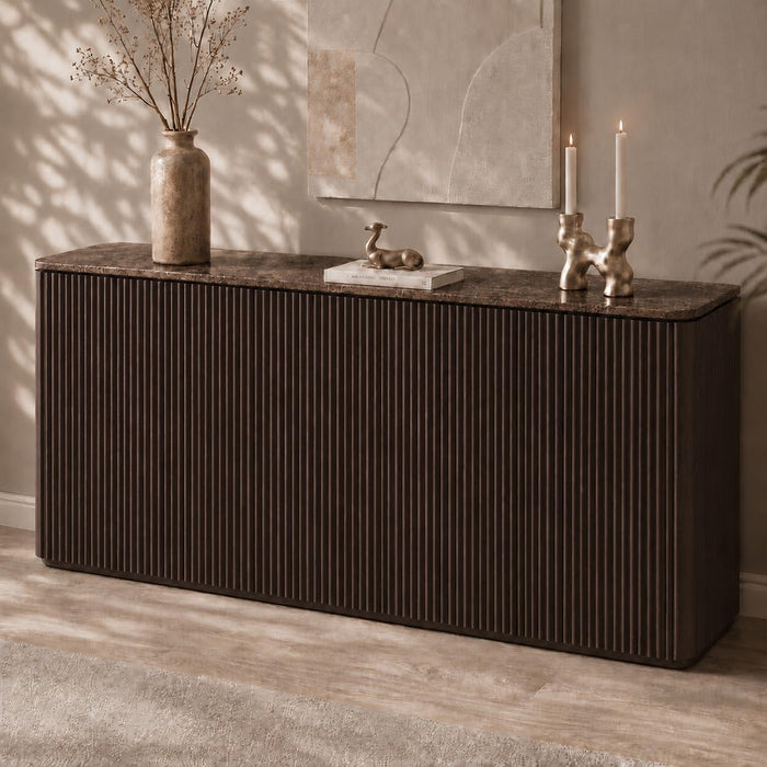 64" Fluted Sideboard Buffet Cabinet with Faux Marble Top, Dark Walnut | Wood Credenza with Storage Shelves, Modern Console Table for Coffee Bar, Dining Room, Kitchen, Living Room & Entryway
