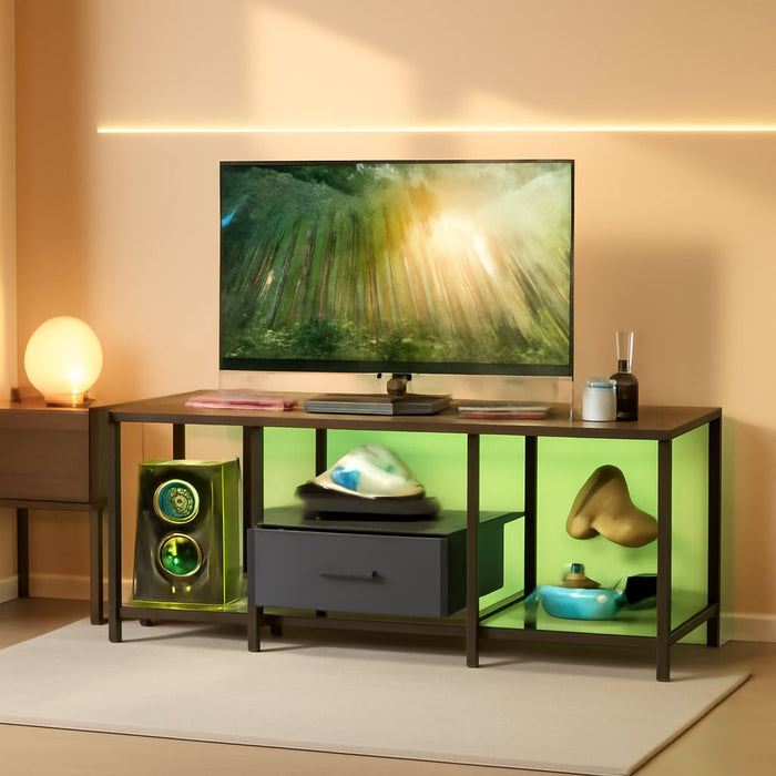 46" TV Stand with Manual LED Lights & Fabric Drawer, 3-Tier Storage Media Console for 55" TV, Adjustable Feet, Rustic Brown Entertainment Center for Living Room/Bedroom