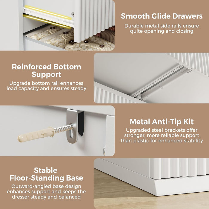 Fluted 5 Drawer Dresser, 43" Tall Dresser for Bedroom, Modern Fluted Chest of Drawers, Wood Drawer Organizer for Living Room, Bedroom, Entryway, Hallway (White)