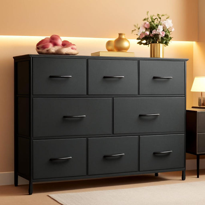 8 Drawer Dresser for Bedroom, Fabric Black Dresser with Large Storage Drawer Unit for Entryway, Chest of Drawers for Living Room