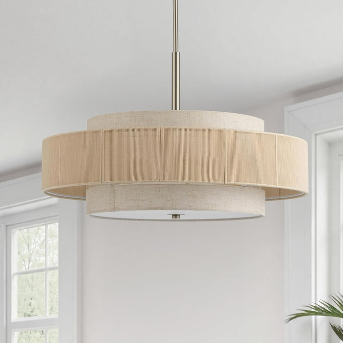 23.6-Inch Rattan Drum Chandelier 6-Light Nickel Finish