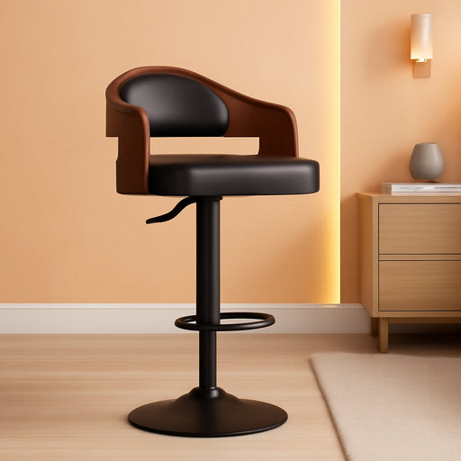 Modern Swivel Bar Stools Set of 2, Wooden Upholstered PU Leather Barstools with Back & Footrest, Counter Height Bar Chairs for Kitchen Island, Black