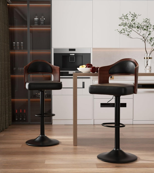 Modern Swivel Bar Stools Set of 2, Wooden Upholstered PU Leather Barstools with Back & Footrest, Counter Height Bar Chairs for Kitchen Island, Black