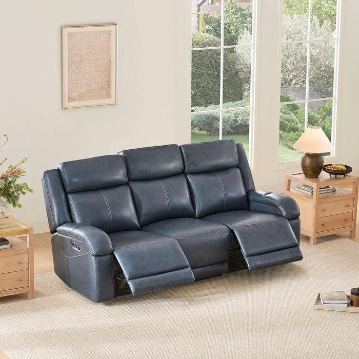 Genuine Leather Power Recliner Sofa, 3 Seater Wall Hugger Reclining Sofas with Power Headrest, USB & Typec Ports, Electric Recliner Couch Set for Living Room, Navy