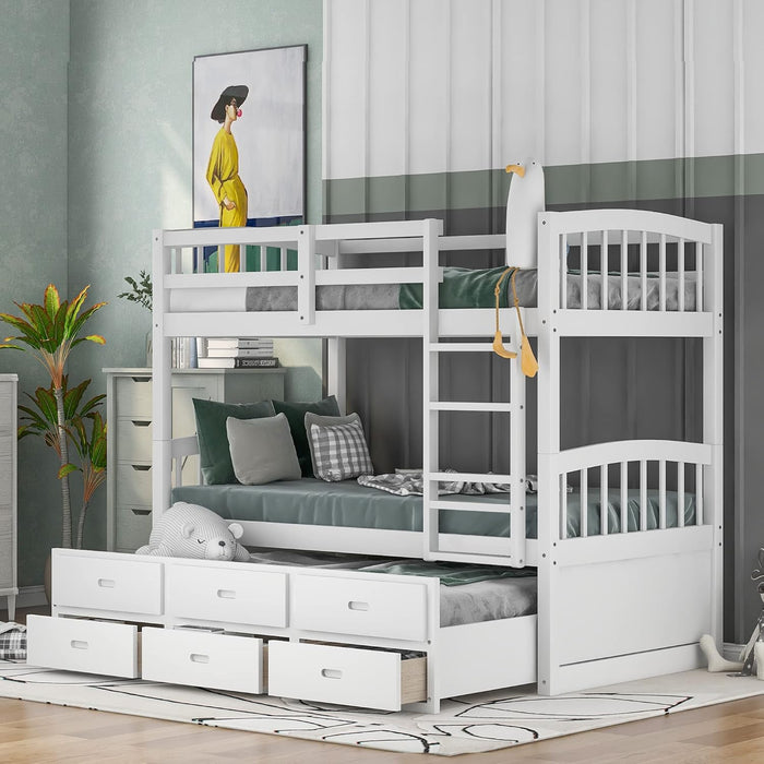 Harper&Bright Designs Twin over Twin Bunk Bed with Safety Rail, Ladder, White Twin Trundle Bed with 3 Drawers for Kids, Teens Bedroom, Guest Room Furniture