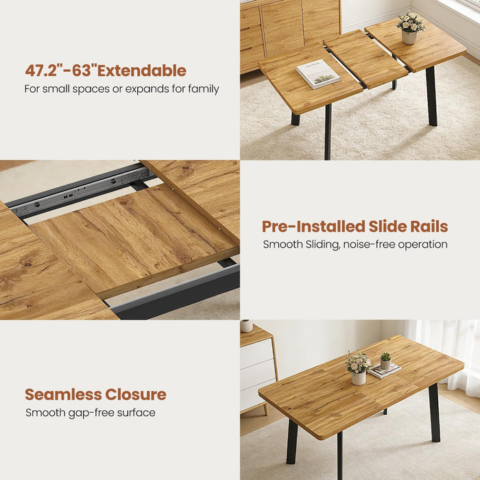 Modern 47.2"-63" Extendable Rectangular Dining Room Table, Walnut | Removable Extension Leaf, Durable MDF Tabletop, Accommodates 4-8 Guests, Great for Dining Room Small Kitchen & Dinner Spaces