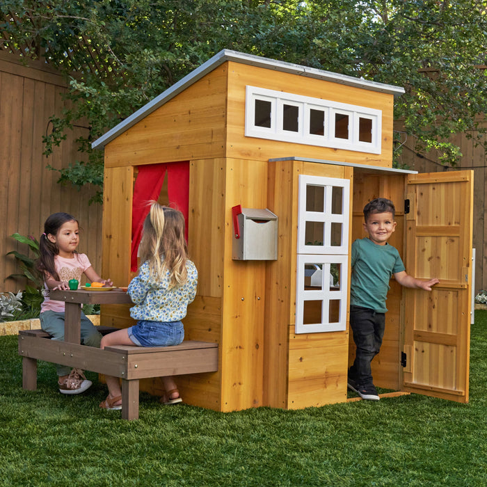 Modern Outdoor Wooden Playhouse with Picnic Table