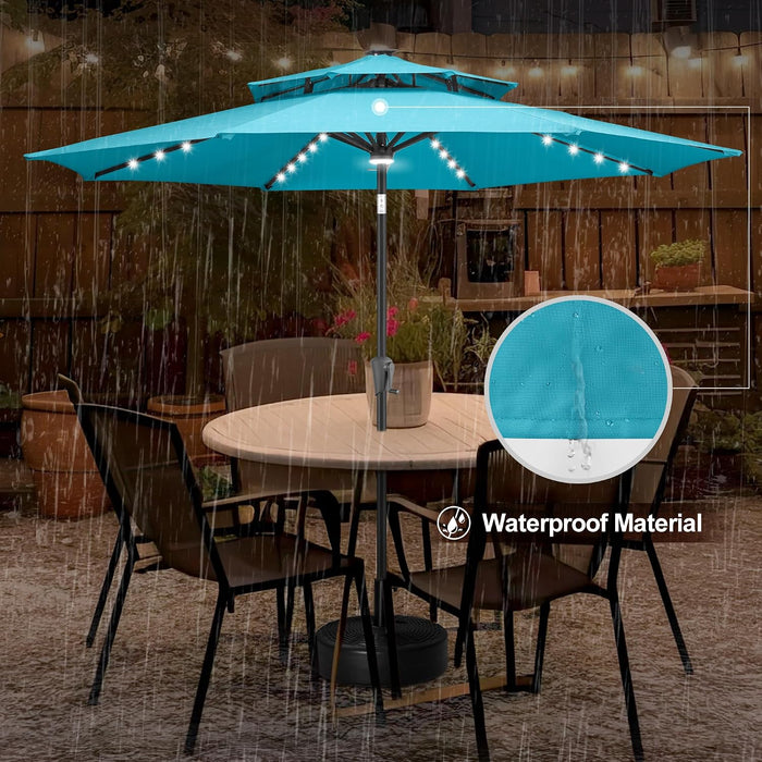 2 Tiers 9Ft Solar Light Patio Umbrella, 40 LED Lights Outdoor Umbrella with Centre Surround Light, Table Market Umbrella for Deck, Pool, Porch, Backyard, Garden (Aqua Blue)