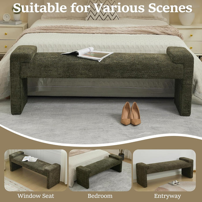 58.7" End of Bed Bench Upholstered Modern Bedroom Bench for Living Room & Entryway, Easy Assembly, Footrest Ottoman Accent Window Bench with Solid Wood Frame & Curved Arm, Green