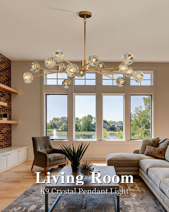Gold Sputnik Chandeliers for Dining Room Light Fixture over Table, Modern Crystal Chandeliers, 43" 15 Lights Gold Lighting Fixtures for Living Room Kitchen Island