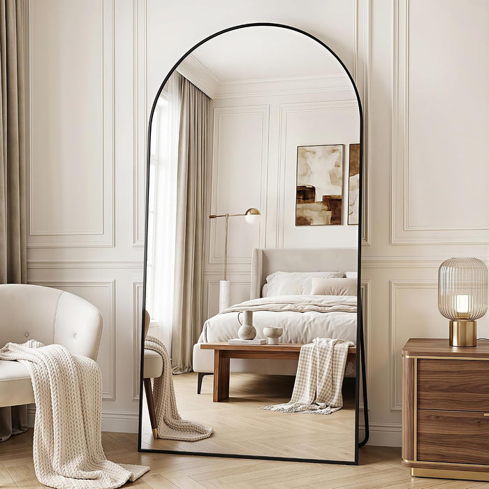78"×38" Arched Full Length Floor Mirror, Standing Mirror with Aluminum Frame, Large Body Mirror of Free Standing/Wall Mount/Leaning for Bedroom, Living Room, Dressing Room, Black