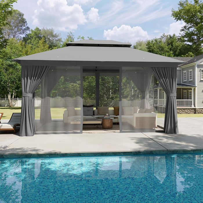 Outdoor Gazebo for Patio 10X12, Metal Frame Canopy with Double Roofs, Heavy Duty Party Tent and Shelter with Mosquito Netting and Privacy Screen for Backyard, Lawn, Garden, Deck