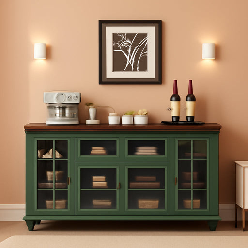 60-Inch Sideboard Buffet Cabinet with Glass Doors,Vintage Green | 60-Inch Wood Buffet with Four Glass Doors, Adjustable Shelves and Open Storage for Tableware, Coffee Bars and Display