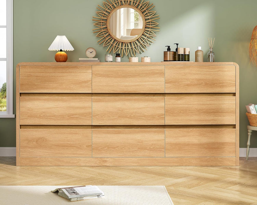 9 Drawer Dresser for Bedroom, 63" Wide Dressers & Chest of Drawers with Curved Profile Design, Wood Closet Storage Dressers Organizer for Bedroom, Living Room, Natural