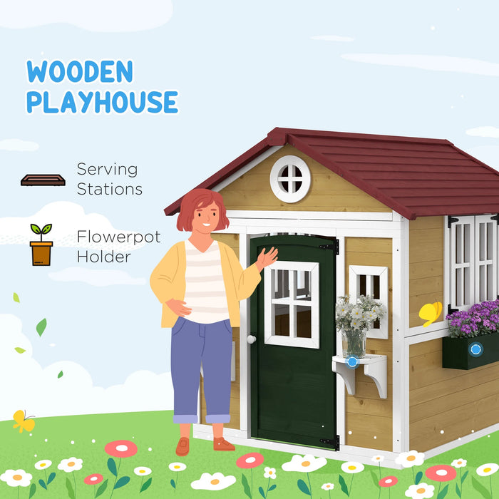 Playhouse for Kids Outdoor, Wooden Playhouse with Doors, Windows, Planter Pots and Boxes for Toddlers 3-8 Years, Backyard, Indoor, Beige