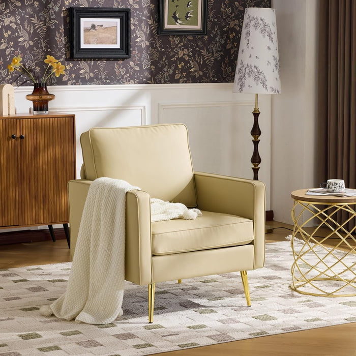 Modern PU Leather Accent Chairs Set of 2, Single Sofa Chair with Pocket Coil Seat, Metal Backrest & Solid Wood Frame, Upholstered Armchair for Living Room, Bedroom or Office