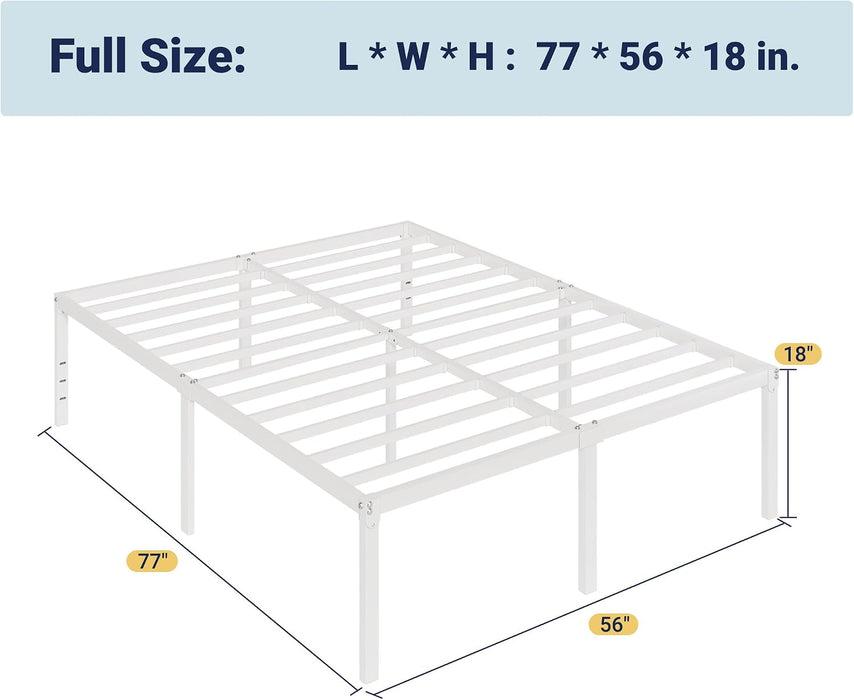 Full Size Bed Frame, 18 Inch Metal Beds with Storage Space, White
