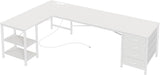 63 Inch L Shaped Desk with Fabric Drawers, Reversible Computer Gaming Desk with Power Outlets and USB-C Port, Adjustable Side Storage Shelves, for Work Study Corner Home Office, White