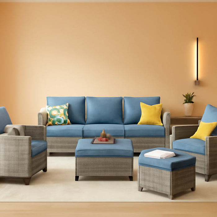 Patio Furniture Set, 5 Pieces Outdoor Wicker Rattan Sofa Couch with Chairs, Ottomans and Comfy Cushions, All Weather High Back Conversation Set Garden Backyard, Denim Blue